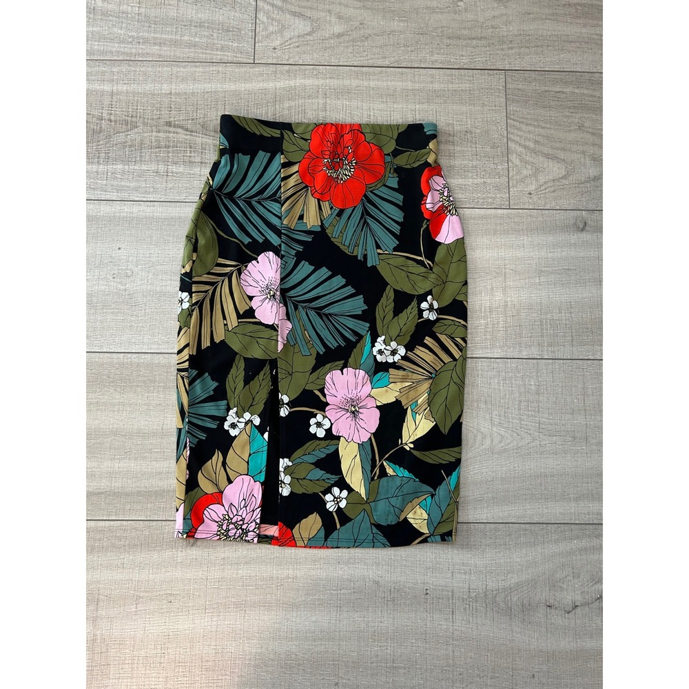 GUESS Los Angeles Tropical Floral High Waist Pencil Slit Skirt Black Small S